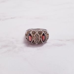 Vintage Garnet Marquise Cut 925 Marcasite Ring 7